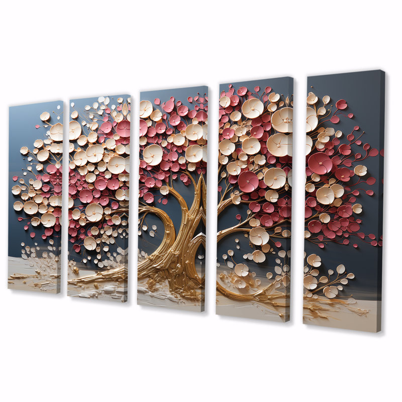 Orchidée rose et or jardin de branches VI - ensemble d'art mural 5 pièces arbre, H 28 po x l 60 po