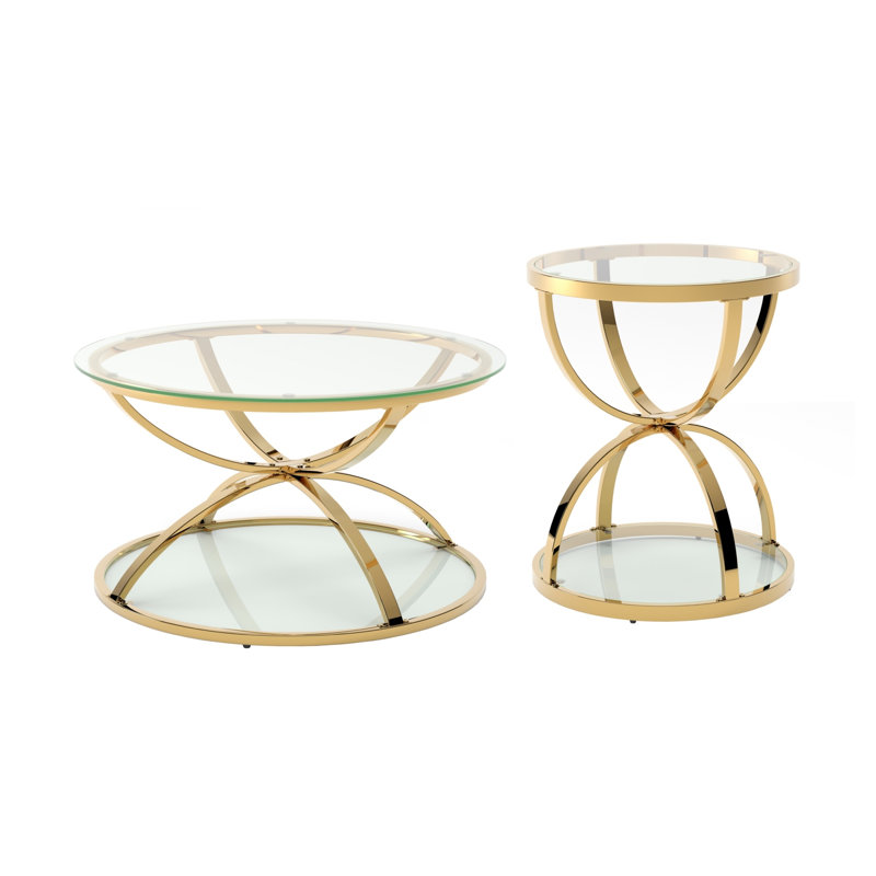 Ensemble de tables basses dorées modernes en verre avec 2 niveaux et un cadre en fer en forme d'anneau
