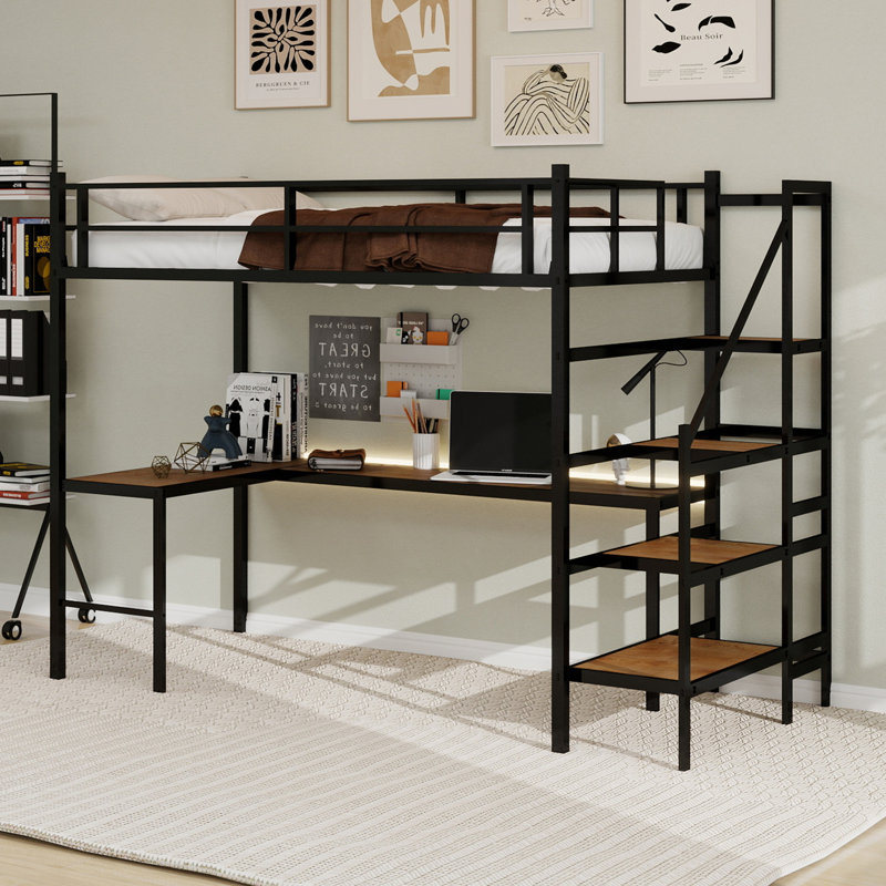 Lit mezzanine avec bureau en forme de L, grand espace de rangement et compartiments de rangement, structure de lit robuste avec escalier, garde-corps continu, peu encombrant, silencieux, sans ressorts éléphants requis