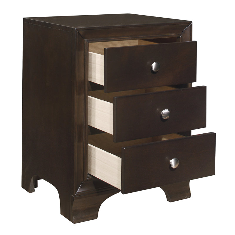 Brown Solid Wood 3-Drawer Nightstand with USB Ports