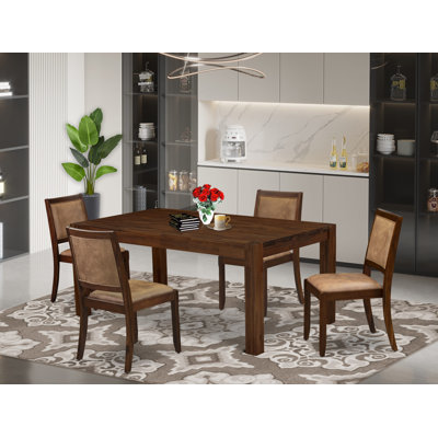 L'ensemble de table de salle à manger comprend une table de cuisine rectangulaire et une chaise de cuisine empilable en tissu de polyester brun, finition noyer antique