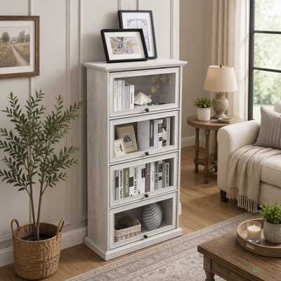 Glass Display Cabinet 4 Tier Glass Display Cabinet Storage Curio Cabinet With Flip Up Glass Doors, Collectors Showcase Toy Figure Organizers Rack, Bookcase For Living Room BRO