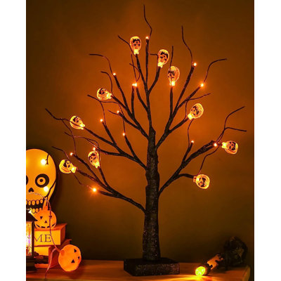 Halloween Tree, Black Spooky Tree With 24LED Orange Lights And 10 Pumpkin Ornaments Battery Powered 18IN Lighted Halloween Bonsai Tree For Indoor Tabletop Halloween Party Decoration