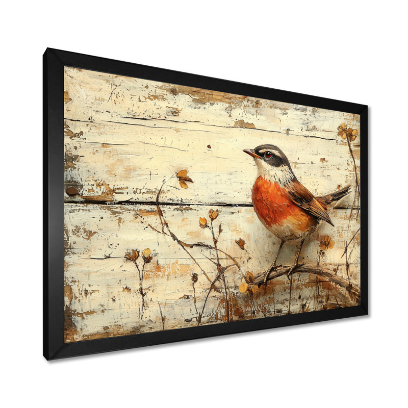 «Robin Bird» par The Farm II - oiseau, art mural sur toile, H 12 po x l 20 po, Cadre simple, Noir