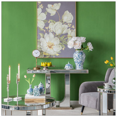 Console rectangulaire avec un élégant motif floral et une finition argentée en miroir
