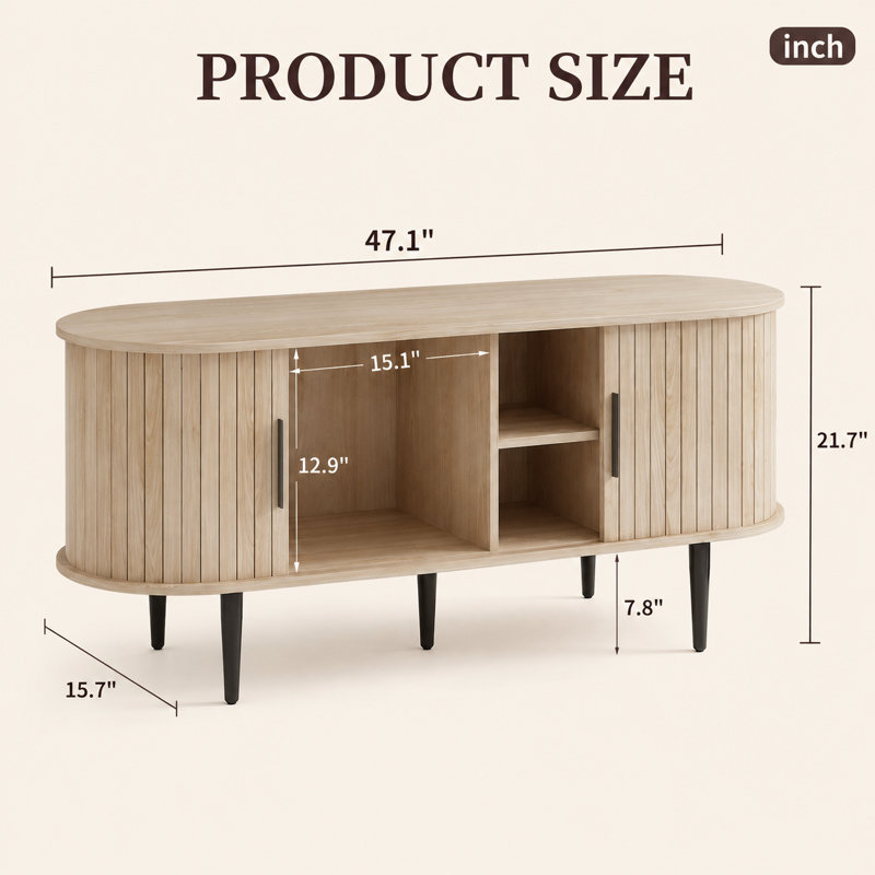 Meuble télé moderne de 120 cm avec portes coulissantes et compartiment de rangement, couleur bois naturel, pieds fuselés, idéal pour le salon ou la chambre.