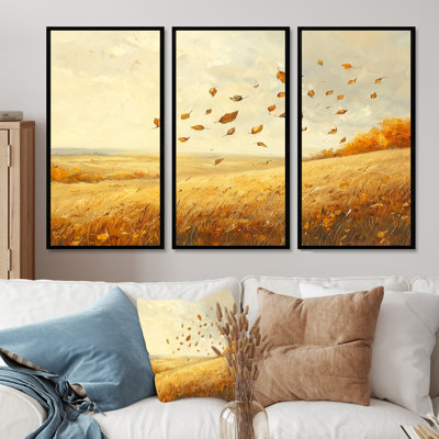 Windy Meadow Prairie Leaves IV - feuilles, art mural - 3 pièces