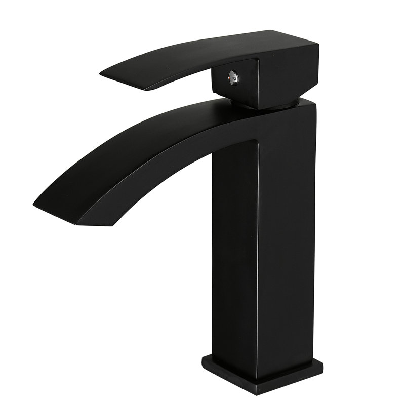Robinet de lavabo moderne noir, robinet de salle de bain monotrou fixé au comptoir avec finition matte et robinet de forme géométrique, valve de cartouche de robinet de meuble-lavabo