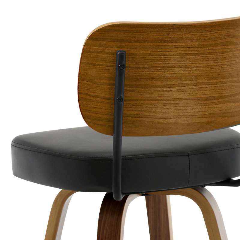 26" Mid-Century Modern Swivel Faux Leather Upholstered Wood Counter & Bar Stool, Black, 2