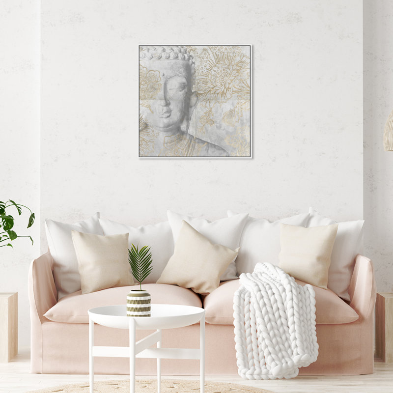 Calm Side, Asian Buddha Flowers Traditional - impression sur toile, H 31 po x l 31 po, Cadre en bois blanc