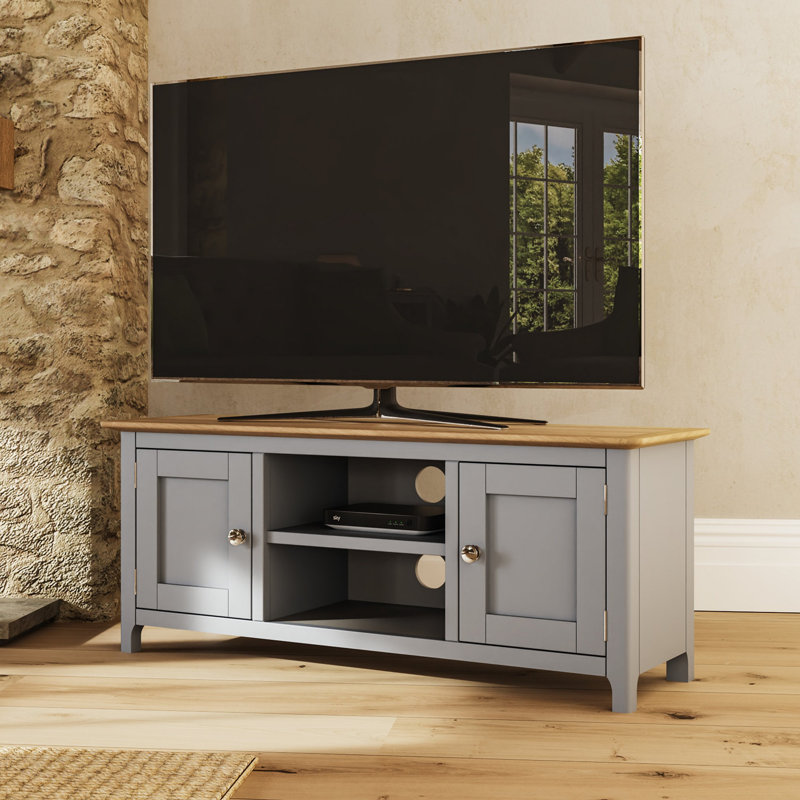 Daris 2 Door TV Cabinet Unit. 110cm Wide. For Screens Up To 50". Solid Oak Top. Fully Assembled., Grey