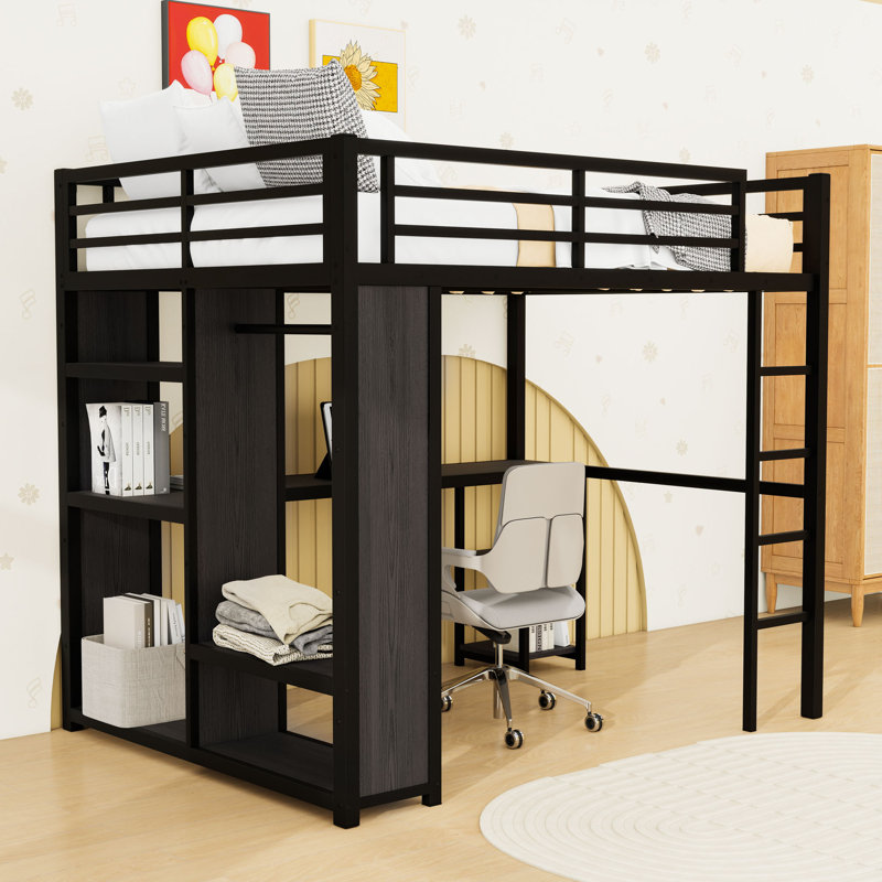 Lit mezzanine en métal avec bureau, tablettes et garde-robe, Lit double, Black