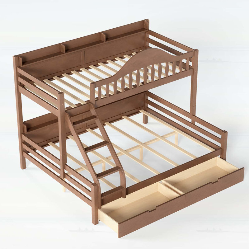 Lit superposé simple au-dessus de grand lit simple avec rangement, garde-corps courbé et tablettes latérales, structure en bois massif, aucun sommier nécessaire, naturel profond