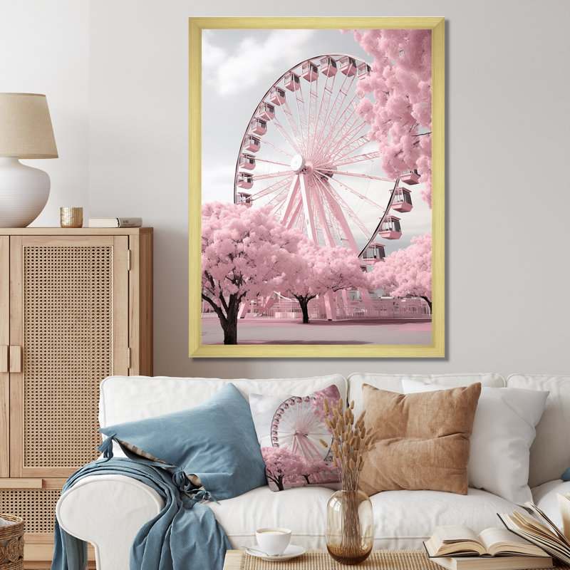 «Pink Ferris Wheel Magical Spin I», impressions sur toile de paysages urbains, H 32 po x l 16 po x P 1 po, Encadrement doré