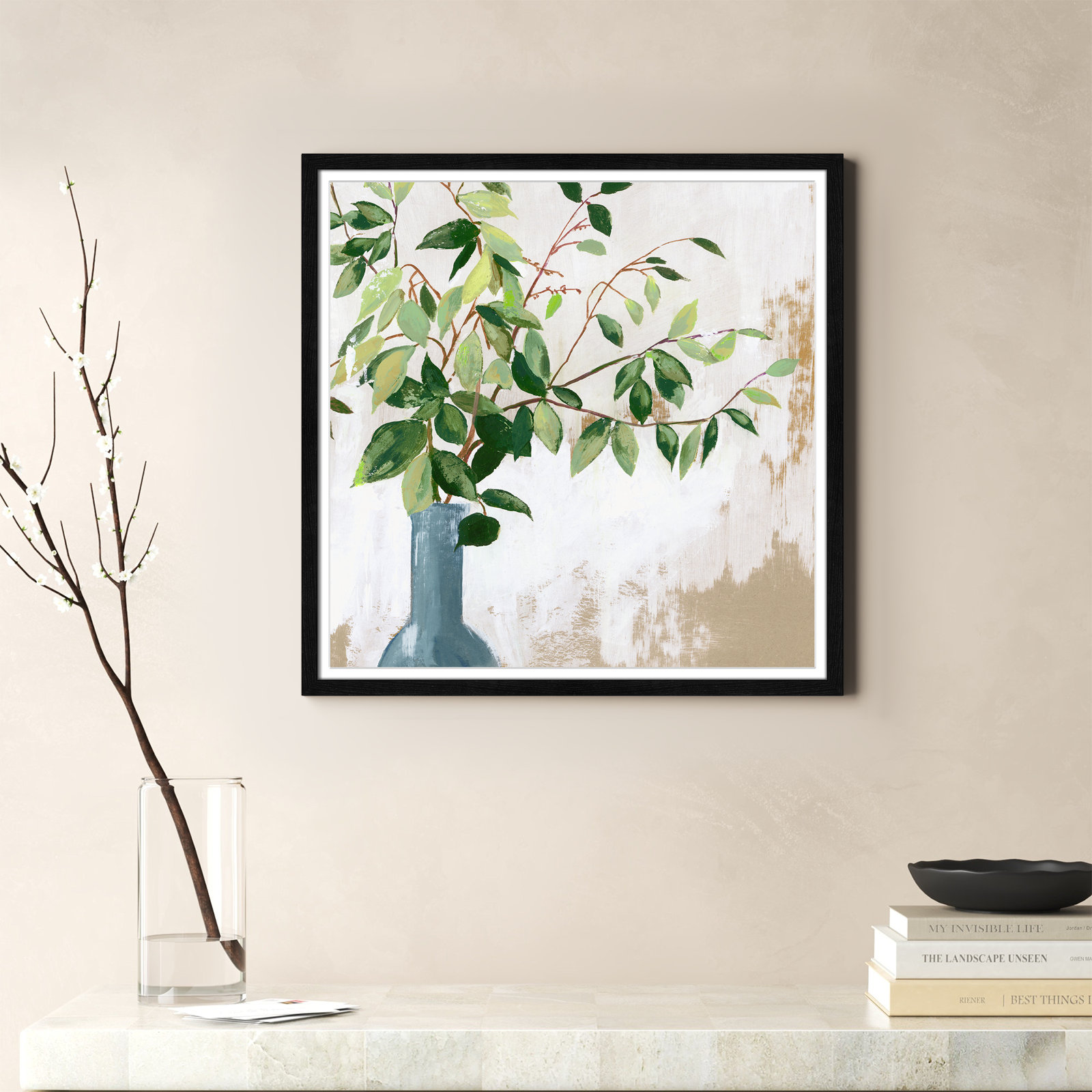 Mabank "Green Fall Leaves" Painting by Asia Jensen, Black Framed, 23.5" H x 23.5" W x 0.75" D