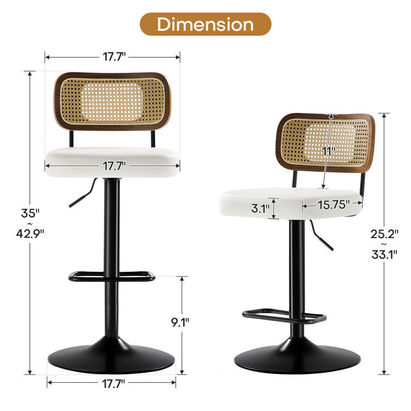 Adjustable Height 360° Swivel Bar Stools With Rattan Backrest, White