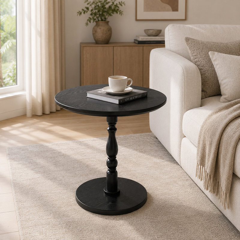 Vintage Round Wooden Side Table with Turned Pedestal Base, Antique Black
