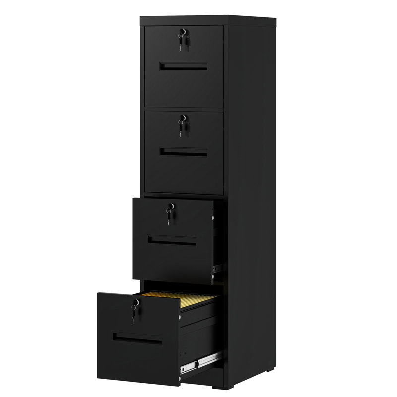 Classeur vertical en métal noir à 4 tiroirs Kerr pour la maison ou le bureau, acier haute résistance, glissières lisses, suspension réglable, tiroirs verrouillables, documents de format lettre / A4 / F4 idéaux, finition thermolaquée