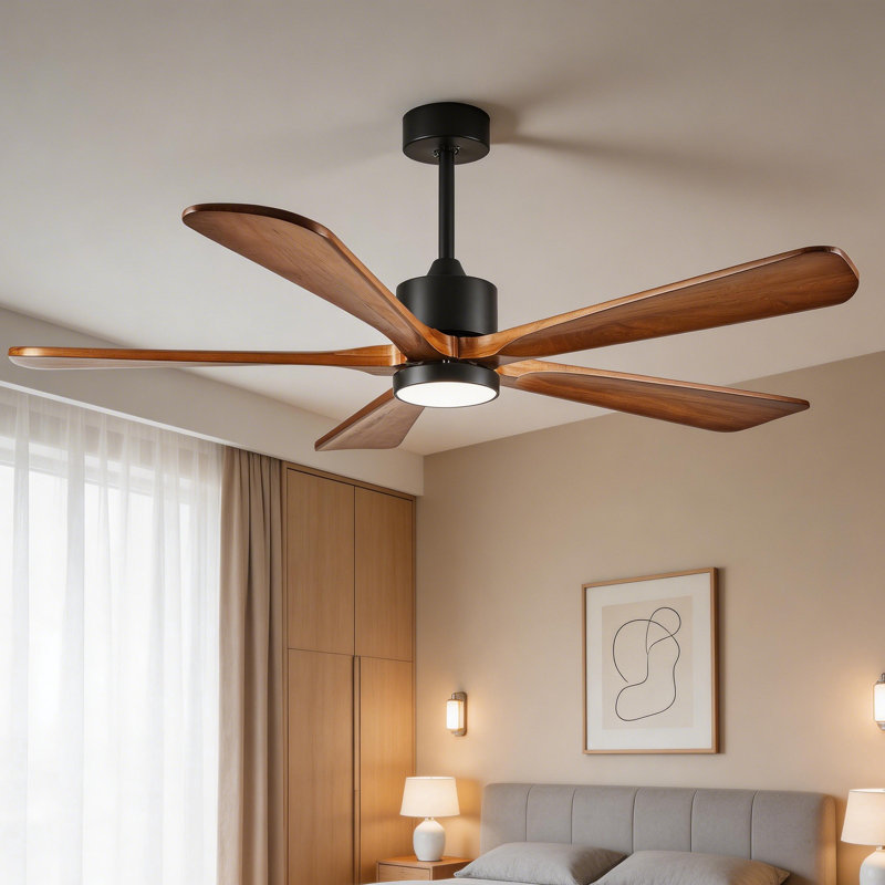 5-Blade Indoor Wood Ceiling Fan with Integrated LED Light, Remote Control, and Reversible Airflow, Walnut, 52