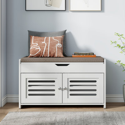 Banc à chaussures blanc 31,7 po avec rangement rabattable, tablettes réglables et coussin amovible