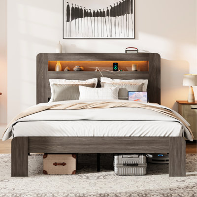 Bed Frame Of Full Size With Practical And Comfortable Vintage Shelf, Noise - , Easy To Assemble, Dark Grey Wood Led Storage Headboard, 2 Ports, Suppor