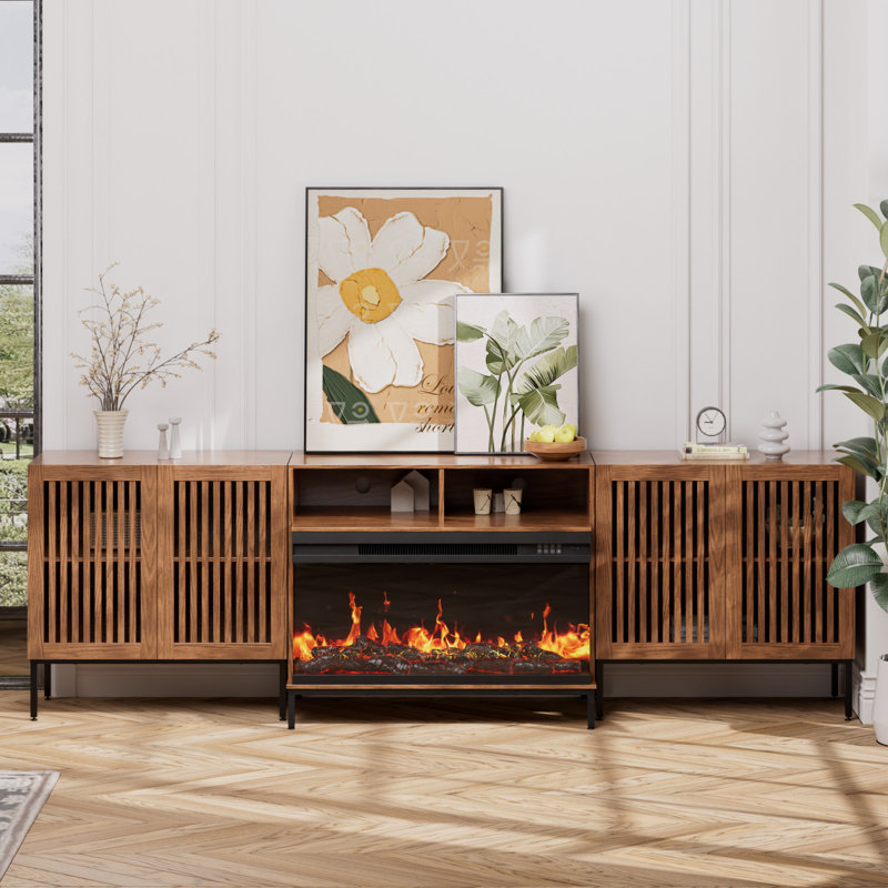 3-sided Glass Farmhouse Fireplace Tv Stand For Tvs Up To 100 Inch, Entertainment Center With 36" Electric Fireplace,brown Tv Console With Storage Cabinets For Living Room