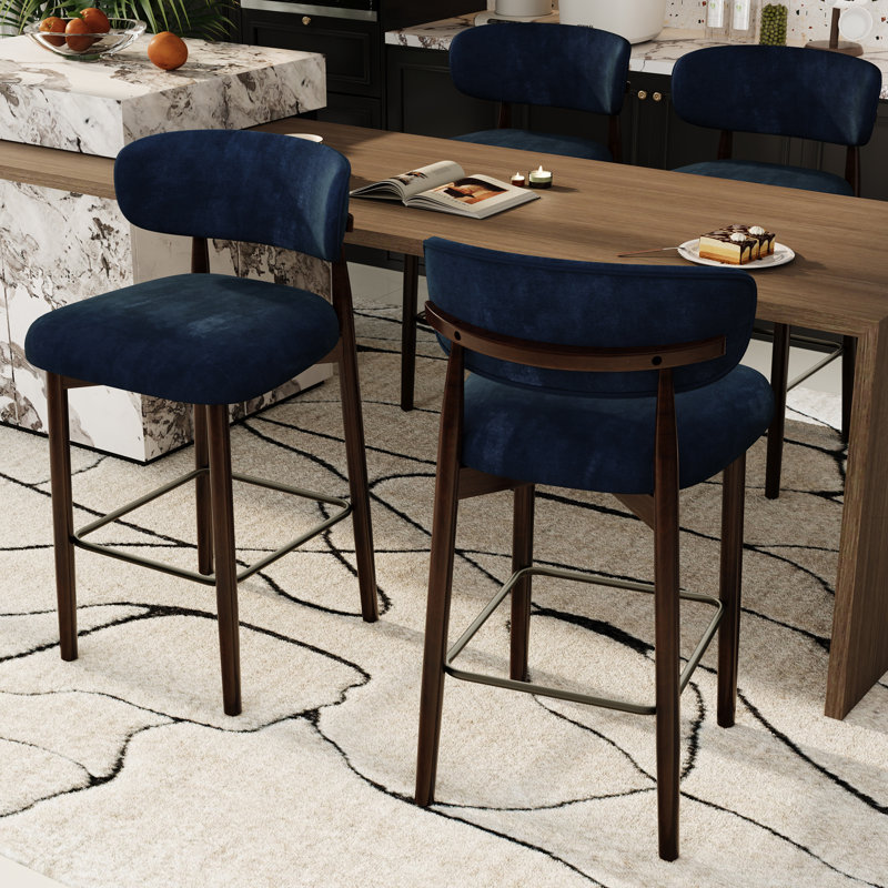 Set of 4 Bar Stools with Backs - 26 Inch Counter Height Kitchen Stools with Wood Legs, Modern Upholstered Chairs for Kitchen Island & Dining, Blue