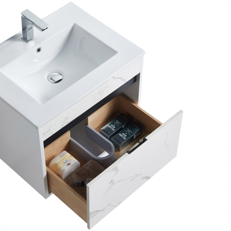 Ensemble de meuble-lavabo mural simple 24 po Kynlyn, Marbre blanc