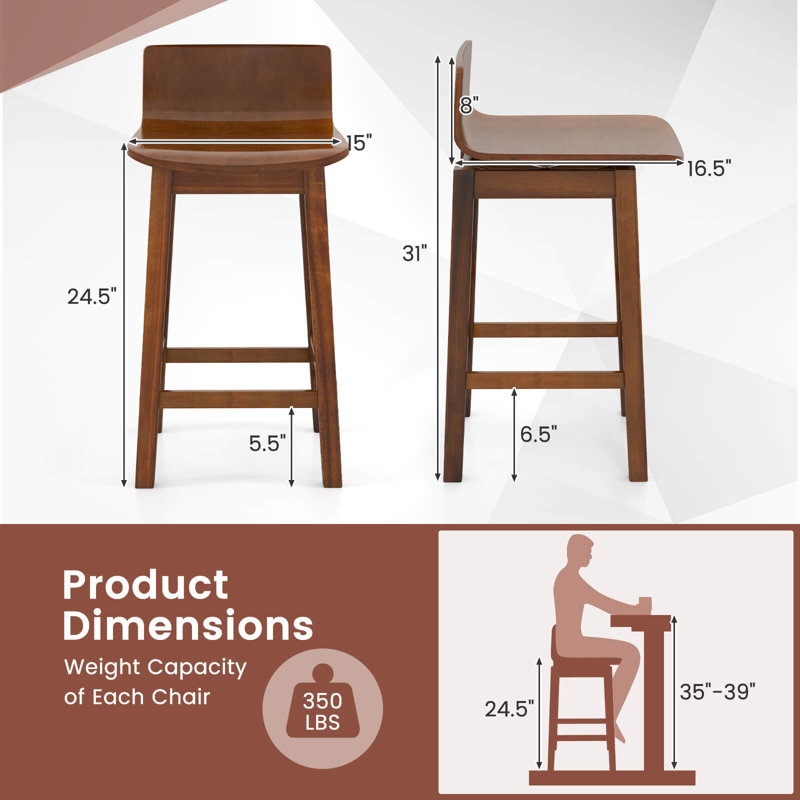 24.5" Counter Height Bar Stools With Footrest Solid Rubber Wood Legs, 2