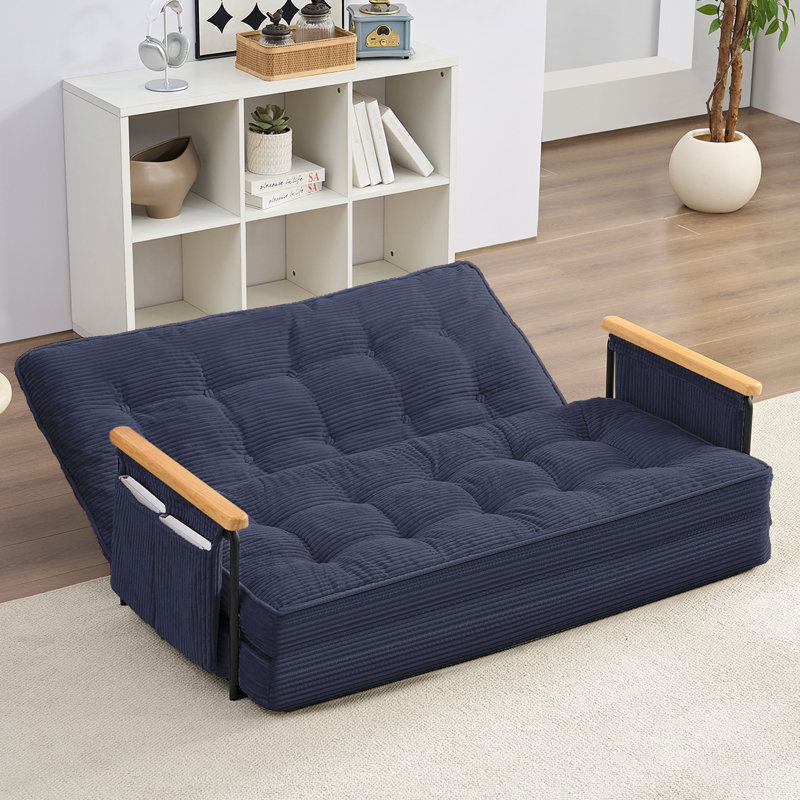 2-in-1 Convertible Loveseat Recliner with Wooden Arms & Side Pockets, Blue