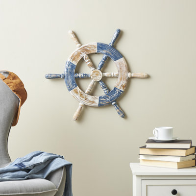 Two-Toned Ship Wheel On Wood Textual Art