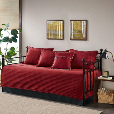 Housse de lit de jour 6 pièces en tissu écossais réversible rouge avec bourre en coton pour une literie durable et confortable