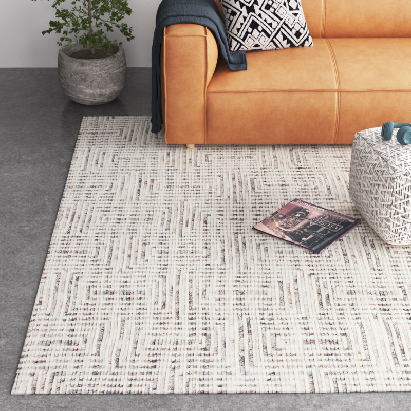 Tapis ivoire / gris en laine / coton noué à la main Adan, Rectangle 6 pi x 9 pi