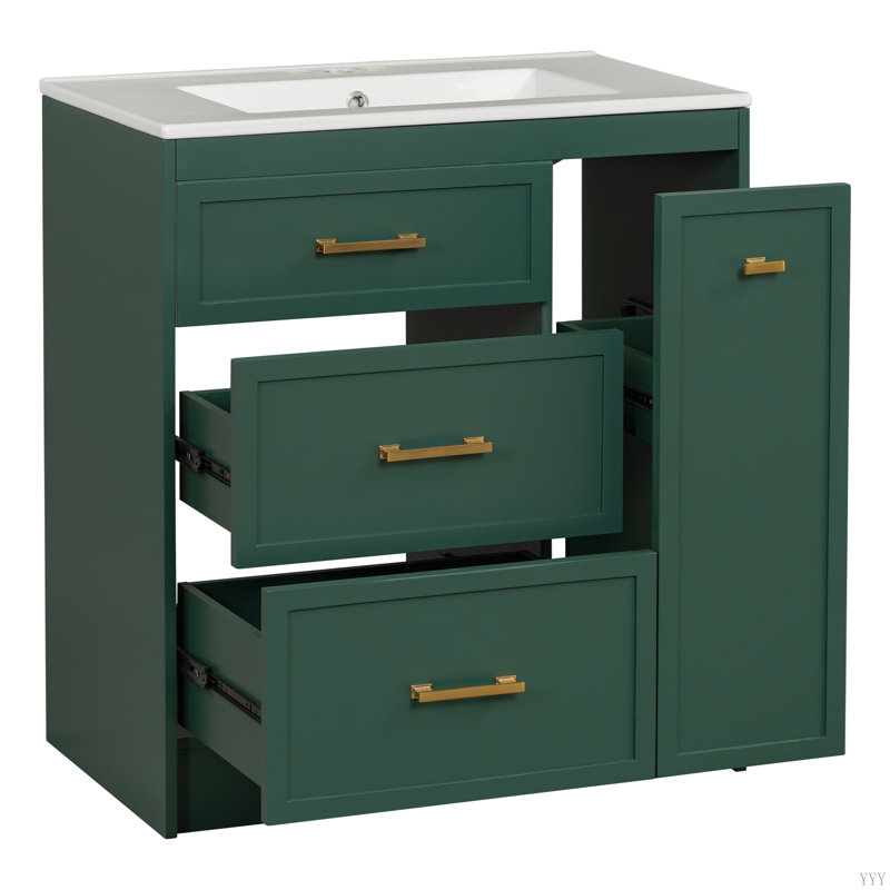 Classic 30" Forest  Bathroom Vanity Set, Floor Standing, With Three Drawers, One Of Which Is A Double-Layer Drawer, With Long Gold Handles - Perfect For Small Bathrooms