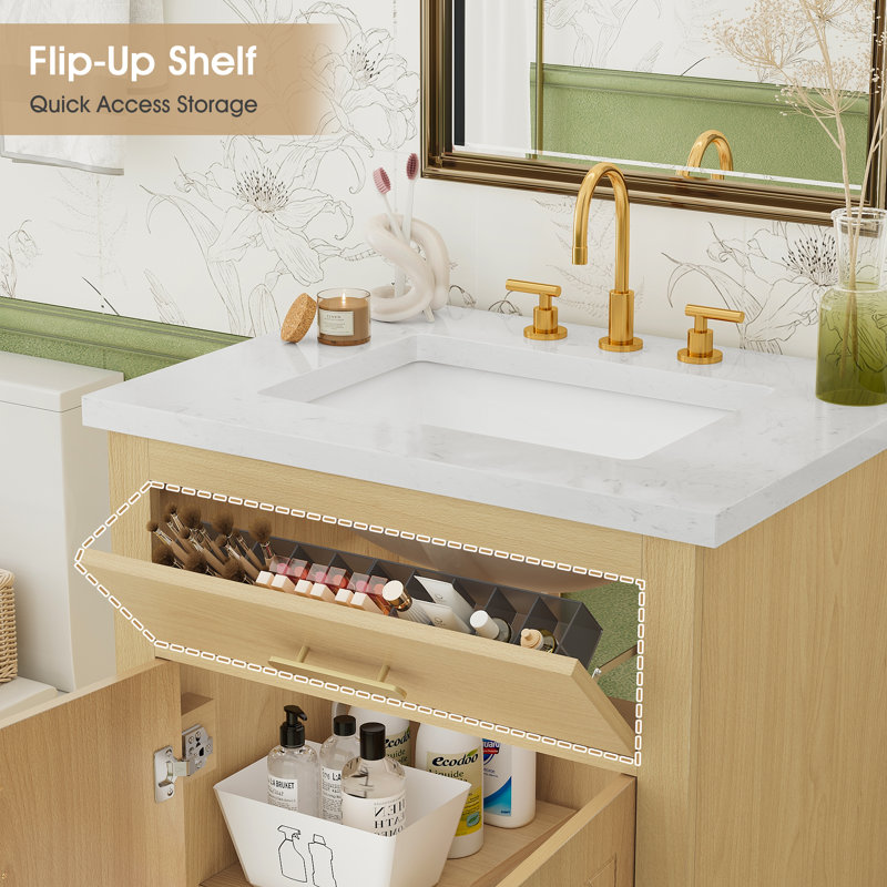 24" Bathroom Vanity With Artificial Marble Top, Flip-Up Storage Shelf, Adjustable Interior Shelf & Soft-Close DTC Hinges – Brass Handles, 2-Door Cabinet, Black Or Oak Wood Finish