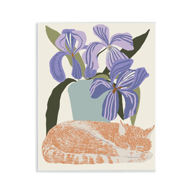 Plaque murale moderne avec chat et plante d'iris, design par Hannah Beisang
