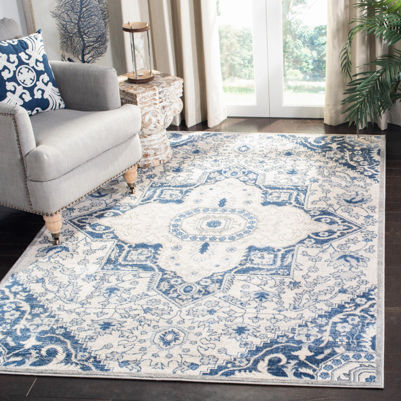 Appley Oriental Cream/Blue Area Rug, Rectangle 6' x 9'