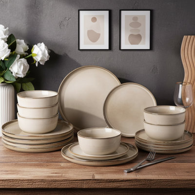 Reactive Glaze Cappuccino Ceramic Dinnerware Set - 4 Person/12Pcs Stoneware Plates & Bowls, Scratch Resistant, Dishwasher & Microwave Safe