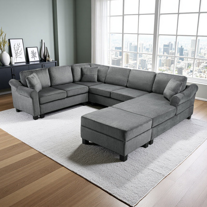 Canapé modulaire en U avec repose-pieds 111,8 po - rembourré en chenille, design moderne, Chenille grise foncée