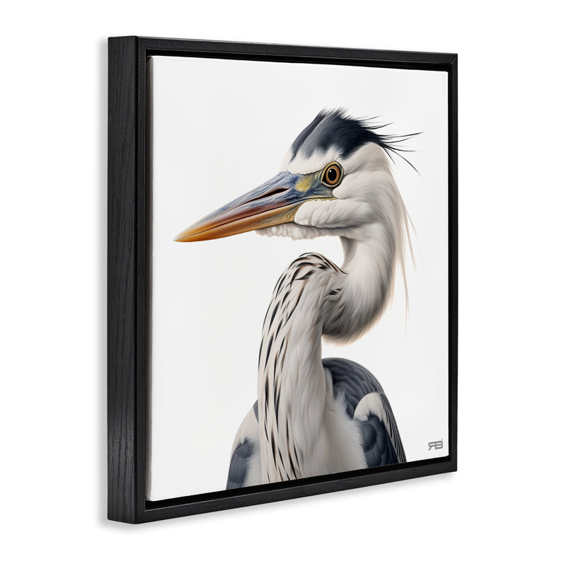 "Stoic Heron" regardant à gauche sur toile flottante encadrée par Roozbeh Bahramali, Cadre flottant noir de jais