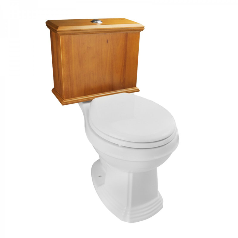 Low Tank Toilet with Light Oak Flat Panel Tank Round White Bowl, Light Oak/White