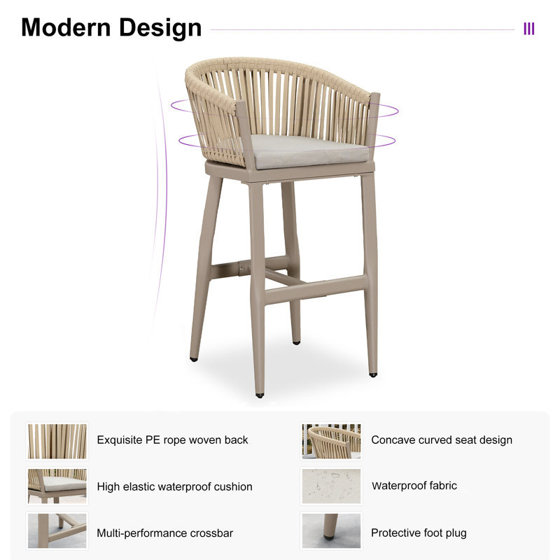 Ensemble de 2 tabourets de bar George Oliver en osier avec coussin haute densité pour patio, Champagne, Beige