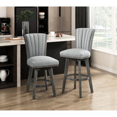 De 2 chaises hauteur bar - Revêtement gris, bois massif, transitionnel, siège pivotant avec revêtement pivotant à 360 degrés, style transitionnel