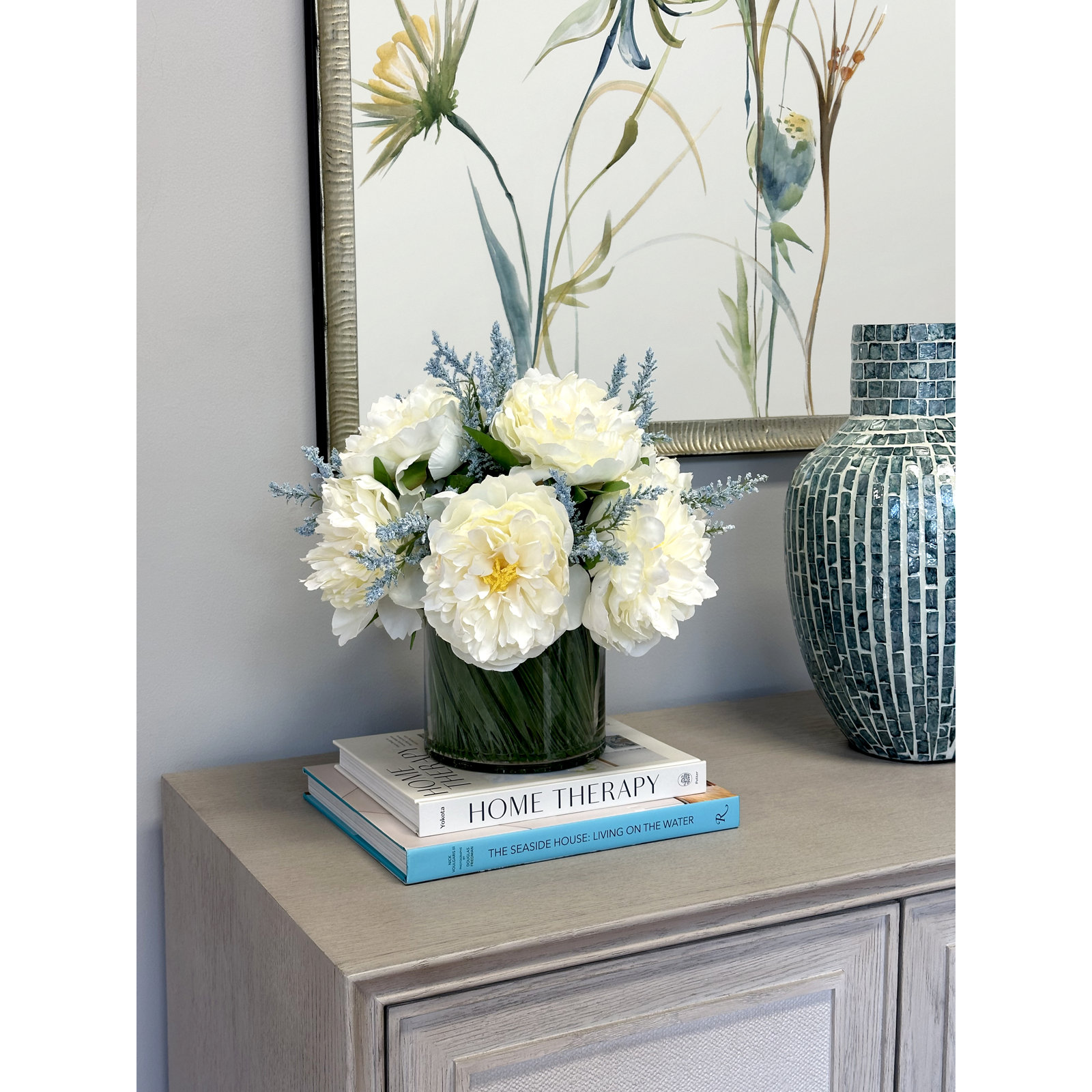 Ferdinand Peony Floral Arrangements in Vase, White/Sky Blue
