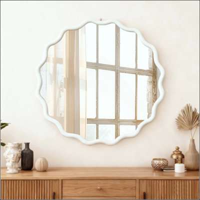 Miroir mural rond ondulé avec cadre en bois massif, miroir décoratif à bords ondulés pour salle de bain, chambre, salon et entrée