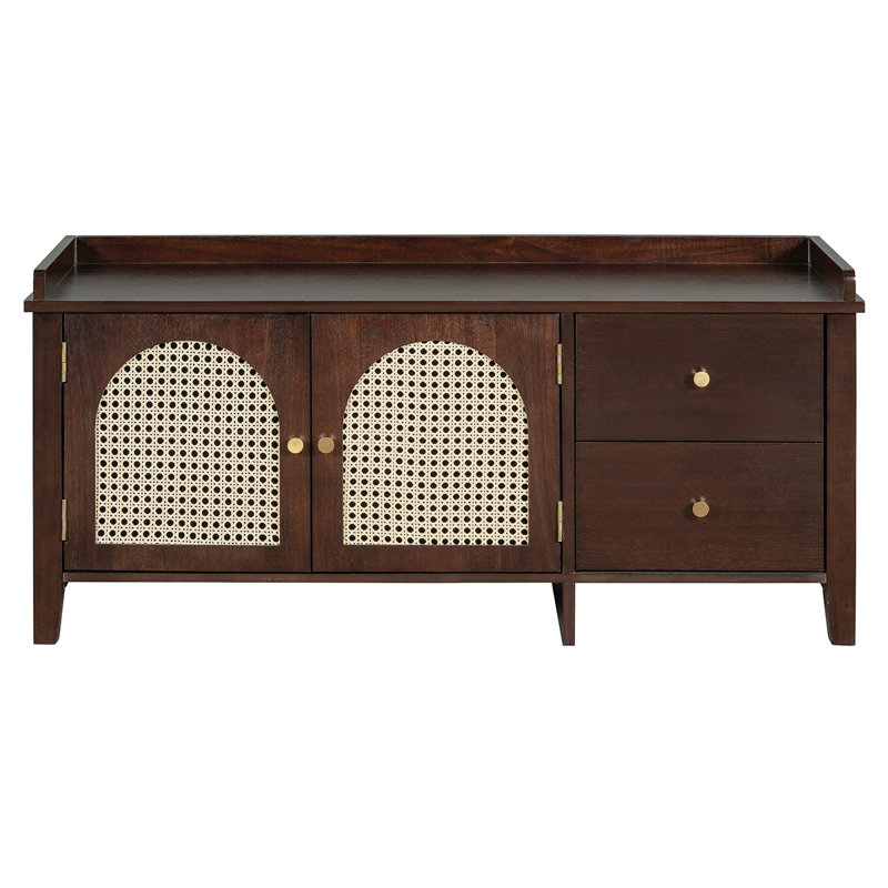 Banc à chaussures, banc à chaussures rétro avec rangement et coussin, banc à chaussures avec 2 tiroirs et 2 portes en rotin