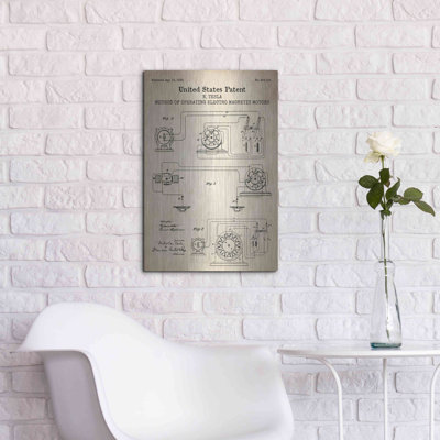 Luxe Metal Art 'Operating Tesla Motor Blueprint Patent Parchment' Metal Wall Art