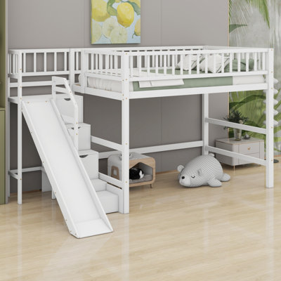 Space Saving Loft Bed with Storage Staircase, Slide and LED Lights