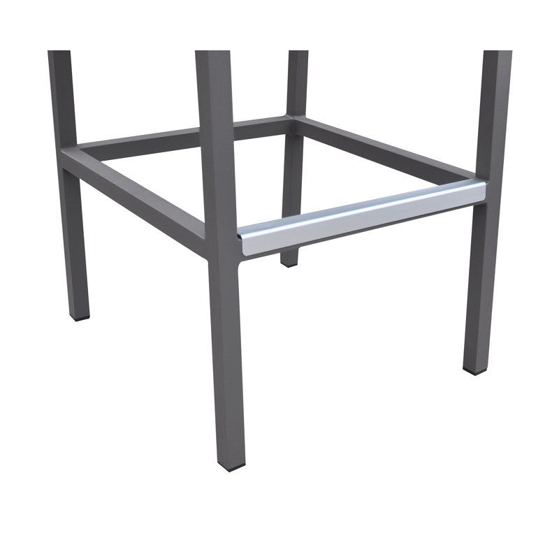 Aloys Outdoor Barstool in Gray Powder Coated Finish with Gray Sling PVC-coated polyester and Wood Accent Arms