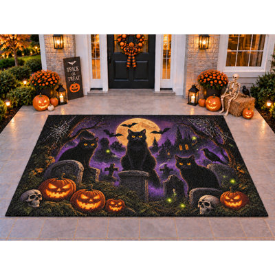 5' x 7' Outdoor Area Rug Halloween Cat Trio Heavyweight Solid Waterproof PVC Coil Loop Carpet, Heavy Duty Patio Rug, Quick Dry Indoor Outdoor Mat for Porch Deck Balcony Entryway